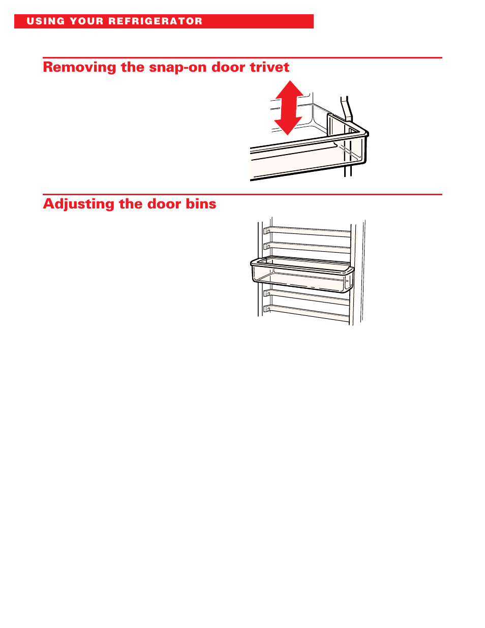 Removing the snap-on door trivet, Adjusting the door bins | Whirlpool ED20DFXEB00 User Manual | Page 12 / 32