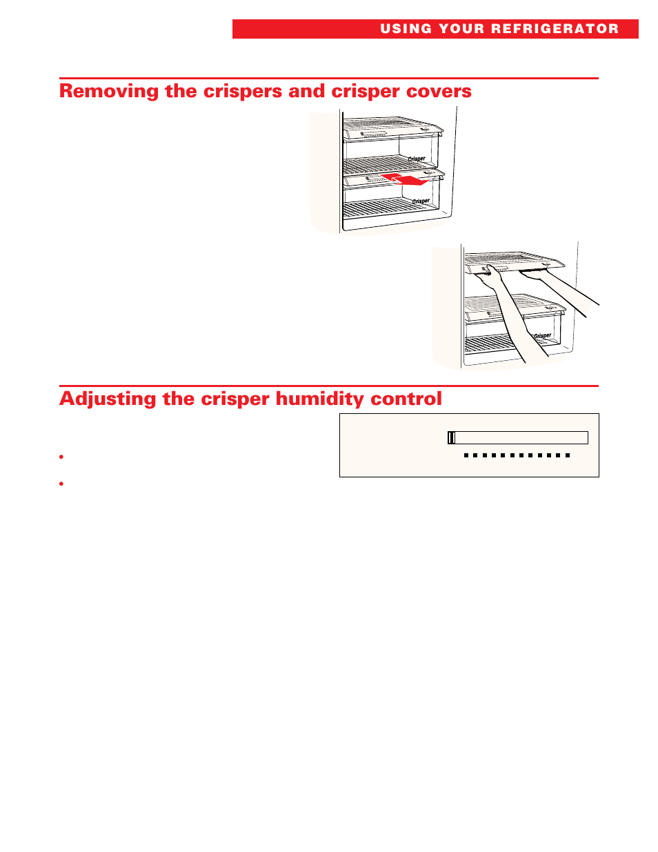 Removing the crispers and crisper covers, Adjusting the crisper humidity control, Humidity control | Whirlpool ED20DFXEB00 User Manual | Page 15 / 32