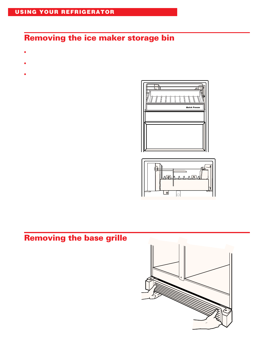 Removing the ice maker storage bin, Removing the base grille | Whirlpool ED20DFXEB00 User Manual | Page 20 / 32