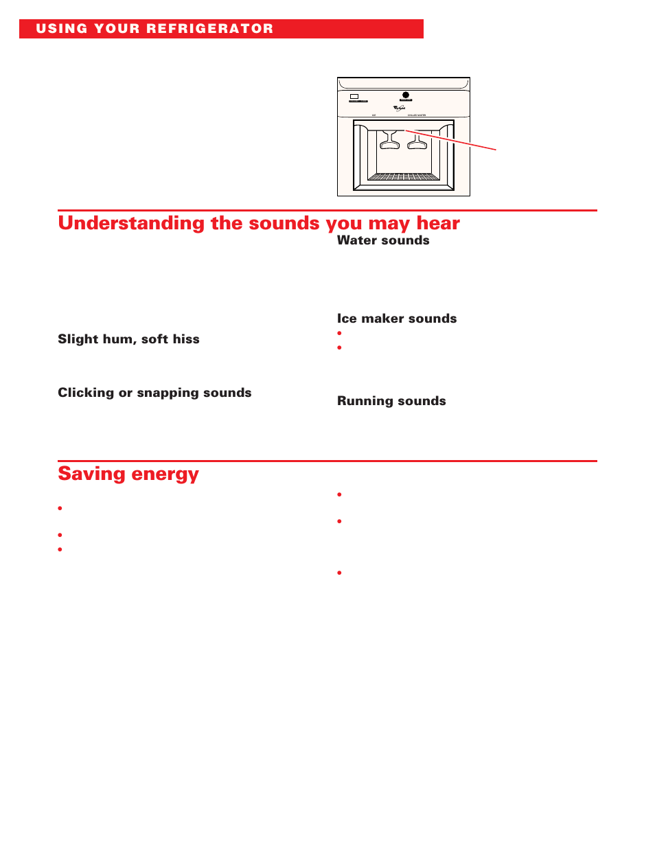 Understanding the sounds you may hear, Saving energy | Whirlpool ED20DFXEB00 User Manual | Page 22 / 32