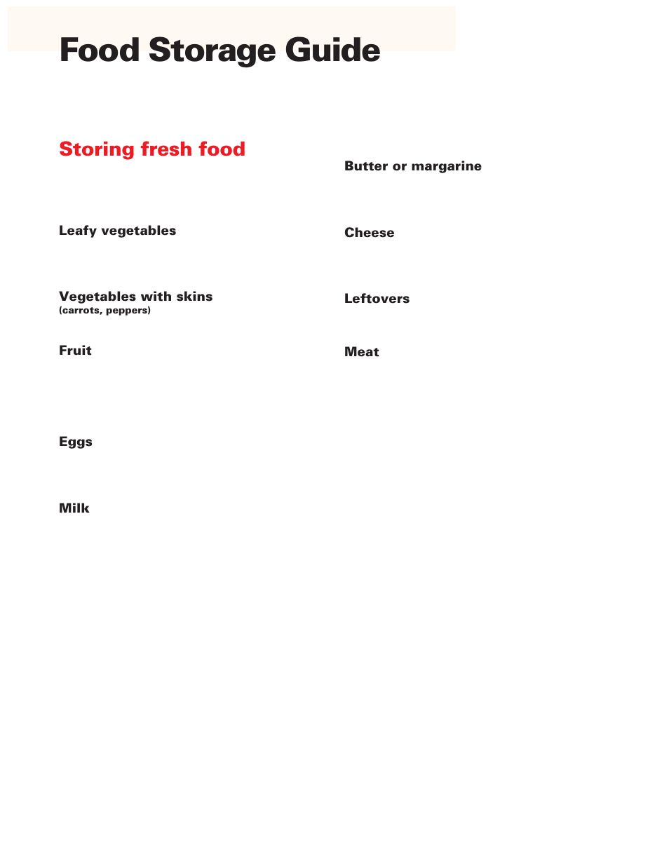 Food storage guide, Storing fresh food | Whirlpool ED20DFXEB00 User Manual | Page 26 / 32