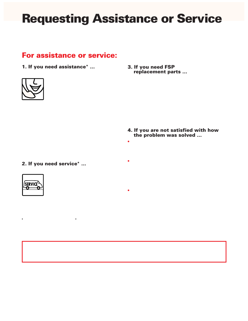 Requesting assistance or service, For assistance or service, If you need assistance | If you need service, If you need fsp, Replacement parts | Whirlpool ED20DFXEB00 User Manual | Page 29 / 32