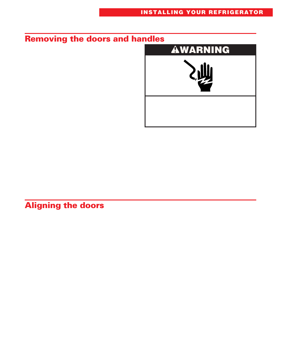 Removing the doors and handles, Aligning the doors, Wwarning | Whirlpool ED20DFXEB00 User Manual | Page 7 / 32