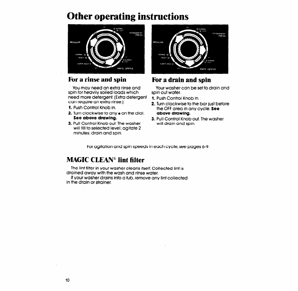 For a rinse and spin, For a drain and spin, Magic clean® lint filter | Other operating instructions | Whirlpool 3LA5580XS User Manual | Page 10 / 16