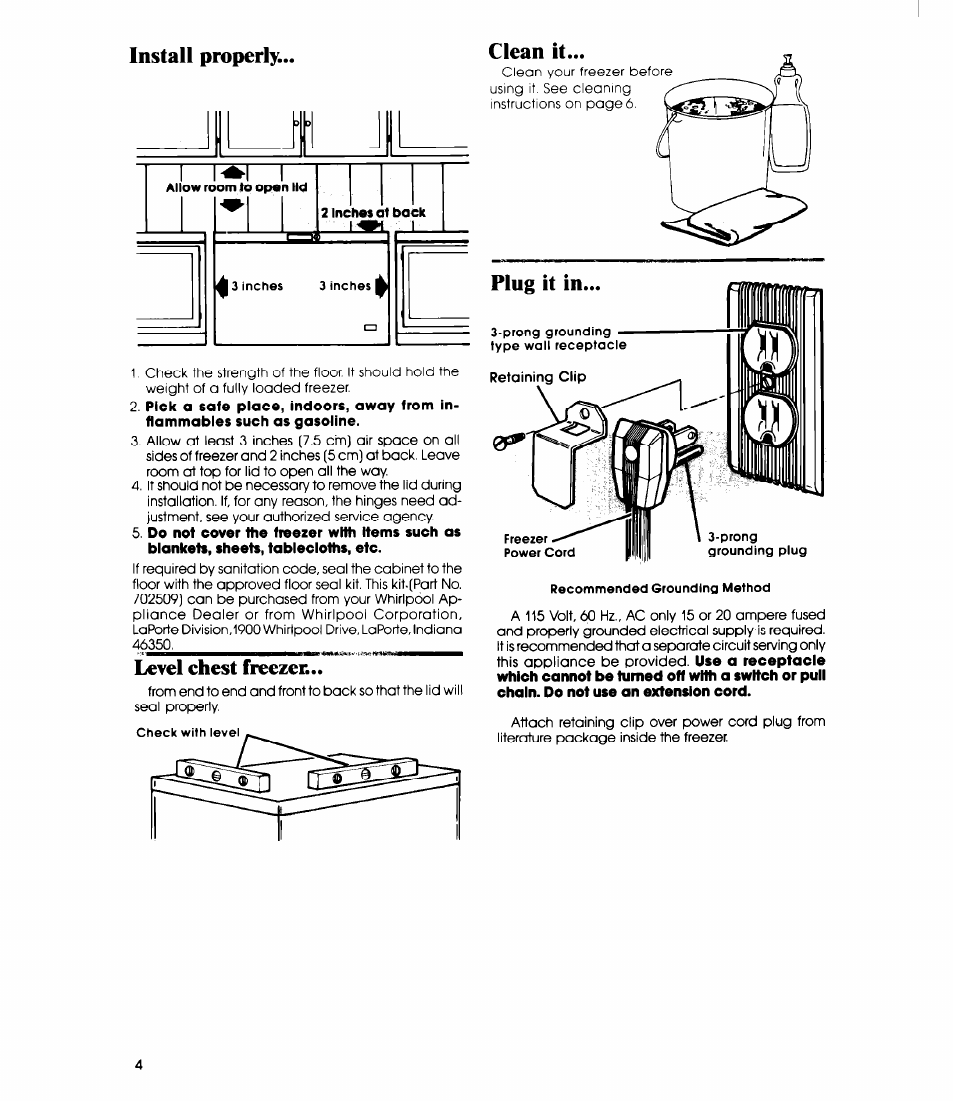 Install properly, Level chest freezer, Clean it | Plug it in | Whirlpool EH1500 User Manual | Page 4 / 8