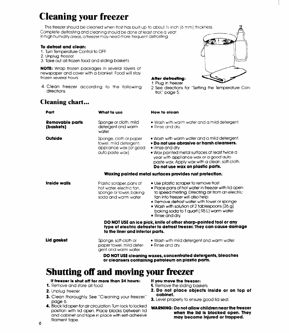 Cleaning your freezer, Shutting off and moving your freezer, Cleaning chart | Whirlpool EH1500 User Manual | Page 6 / 8