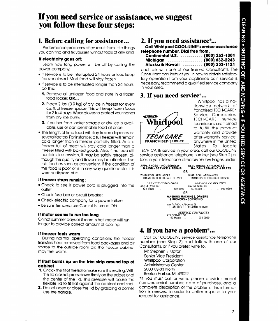 Whirlpool, Before calling for assistance, If you need assistance | K you need service, K you have a problem | Whirlpool EH1500 User Manual | Page 7 / 8