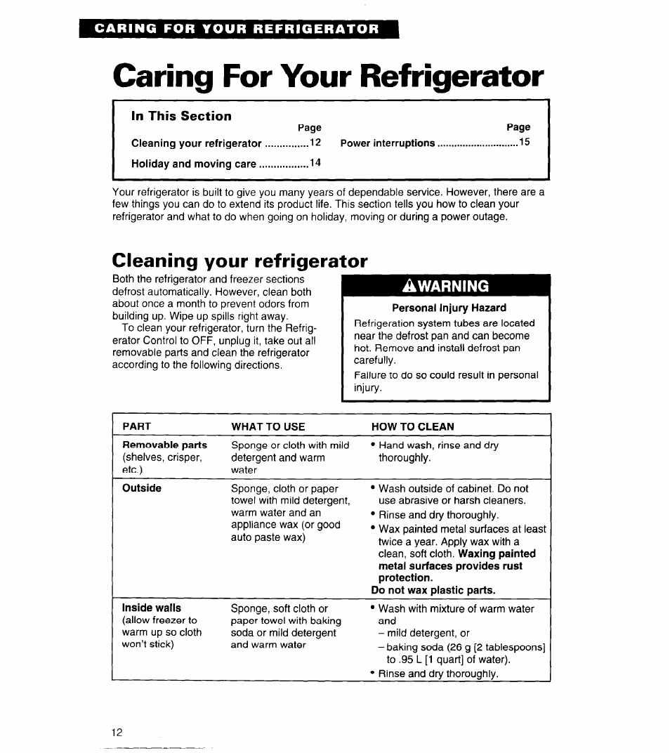 Caring for your refrigerator, Cleaning your refrigerator, Warning | Whirlpool 4ET14GK User Manual | Page 12 / 20