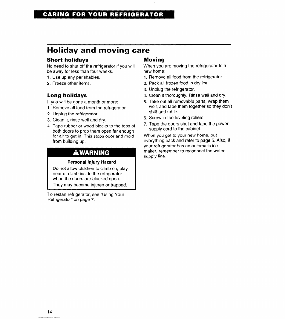 Short holidays, Long holidays, Personal injury hazard | Moving, Holiday and moving care, Warning | Whirlpool 4ET14GK User Manual | Page 14 / 20