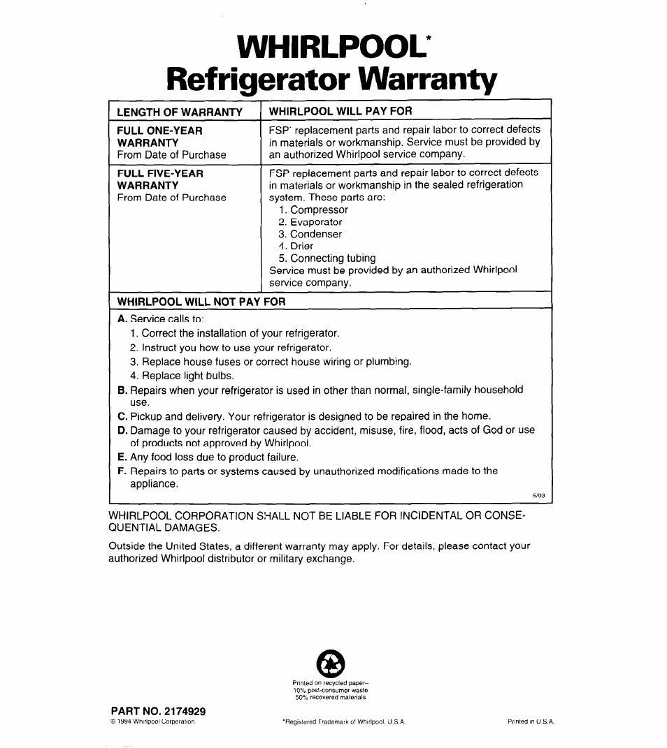 Whirlpool' refrigerator warranty, Length of warranty, Whirlpool will pay for | Full one-year warranty, Full five-year warranty, Whirlpool will not pay for | Whirlpool 4ET14GK User Manual | Page 20 / 20