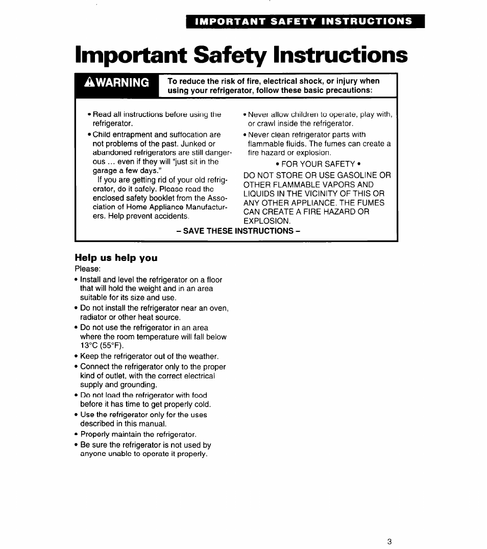 Important safety instructions, Save these, Instructions | Help us help you, Awarning | Whirlpool 4ET14GK User Manual | Page 3 / 20