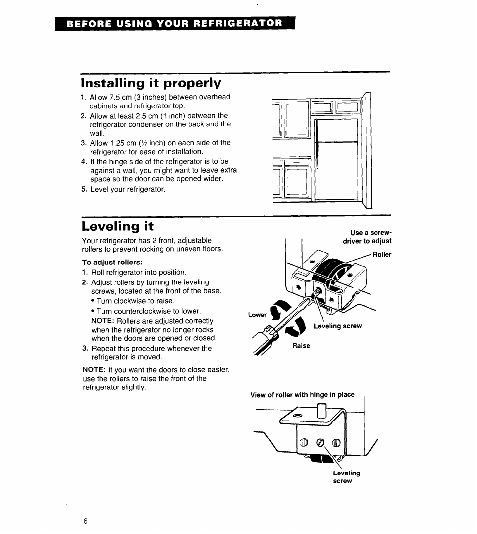 Installing it properly, Leveling it | Whirlpool 4ET14GK User Manual | Page 6 / 20