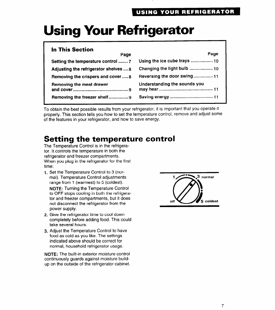 Using your refrigerator, In this section, Setting the temperature control | Whirlpool 4ET14GK User Manual | Page 7 / 20