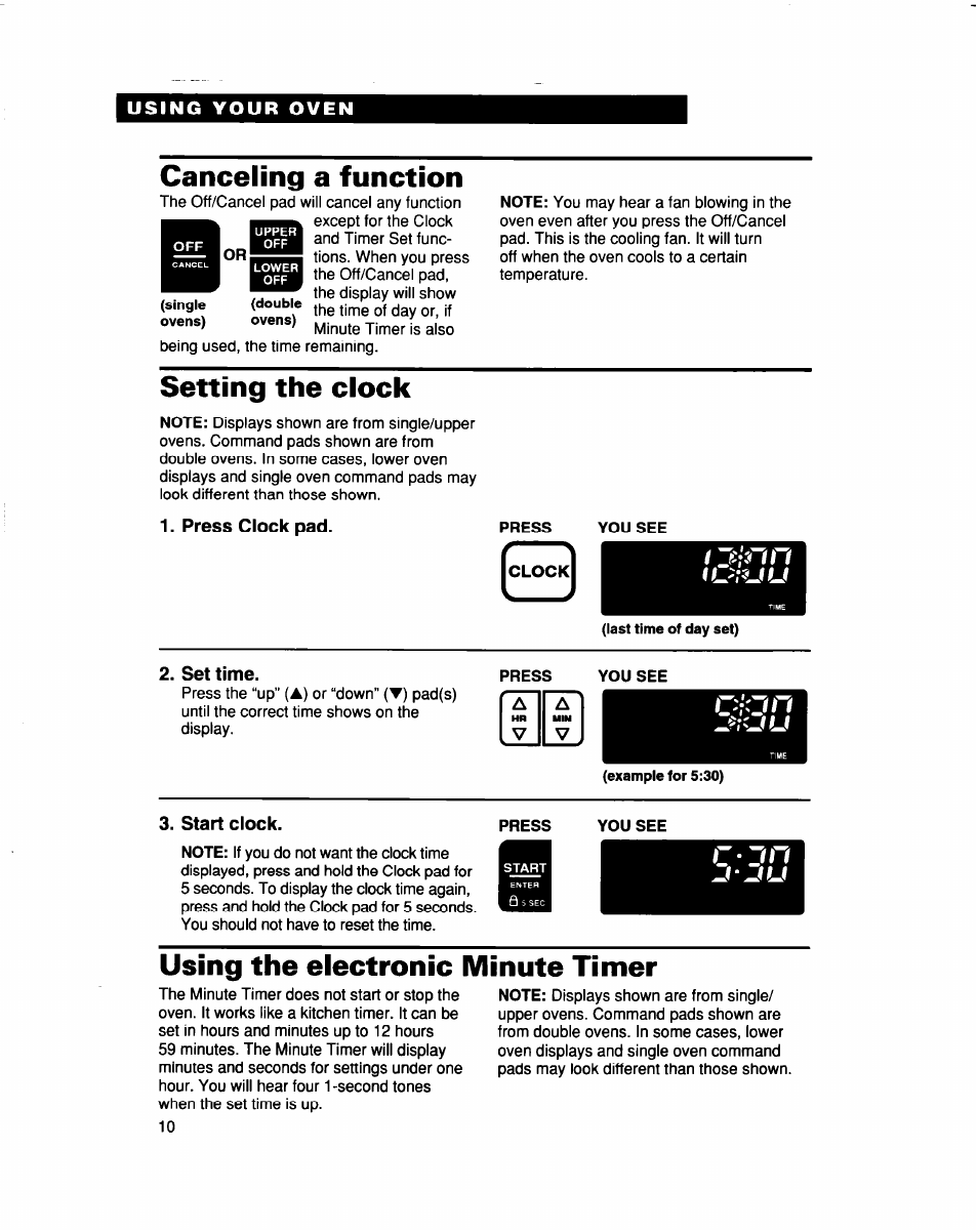 Canceling a function, Setting the clock, Press clock pad | Press, You see, Start clock, Using the electronic minute timer, I j:{nn ilrtuu | Whirlpool RBS307PD User Manual | Page 10 / 48