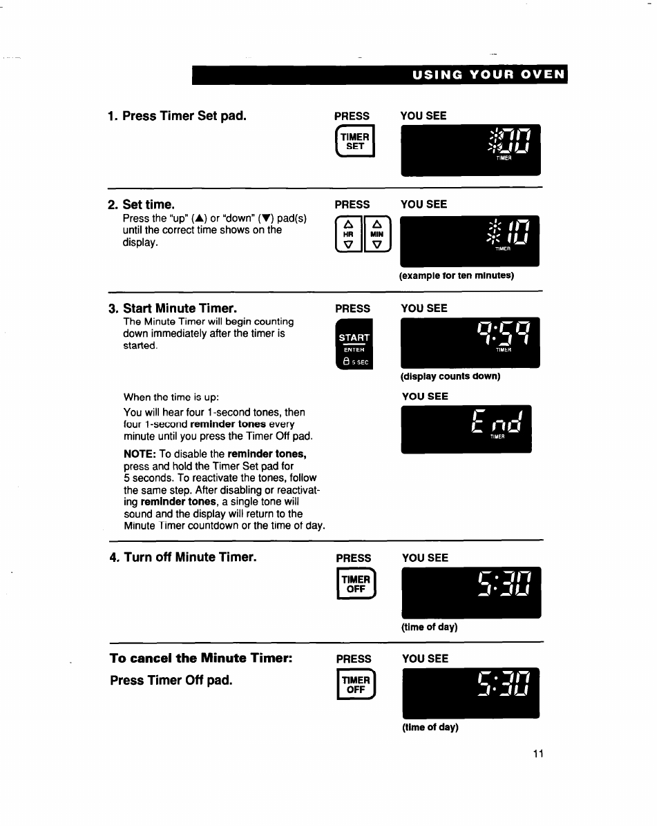 Press timer set pad, Press, You see | Set time, Start minute timer, Turn off minute timer, To cancel the minute timer: press timer off pad, F - j i i, J ' j u | Whirlpool RBS307PD User Manual | Page 11 / 48