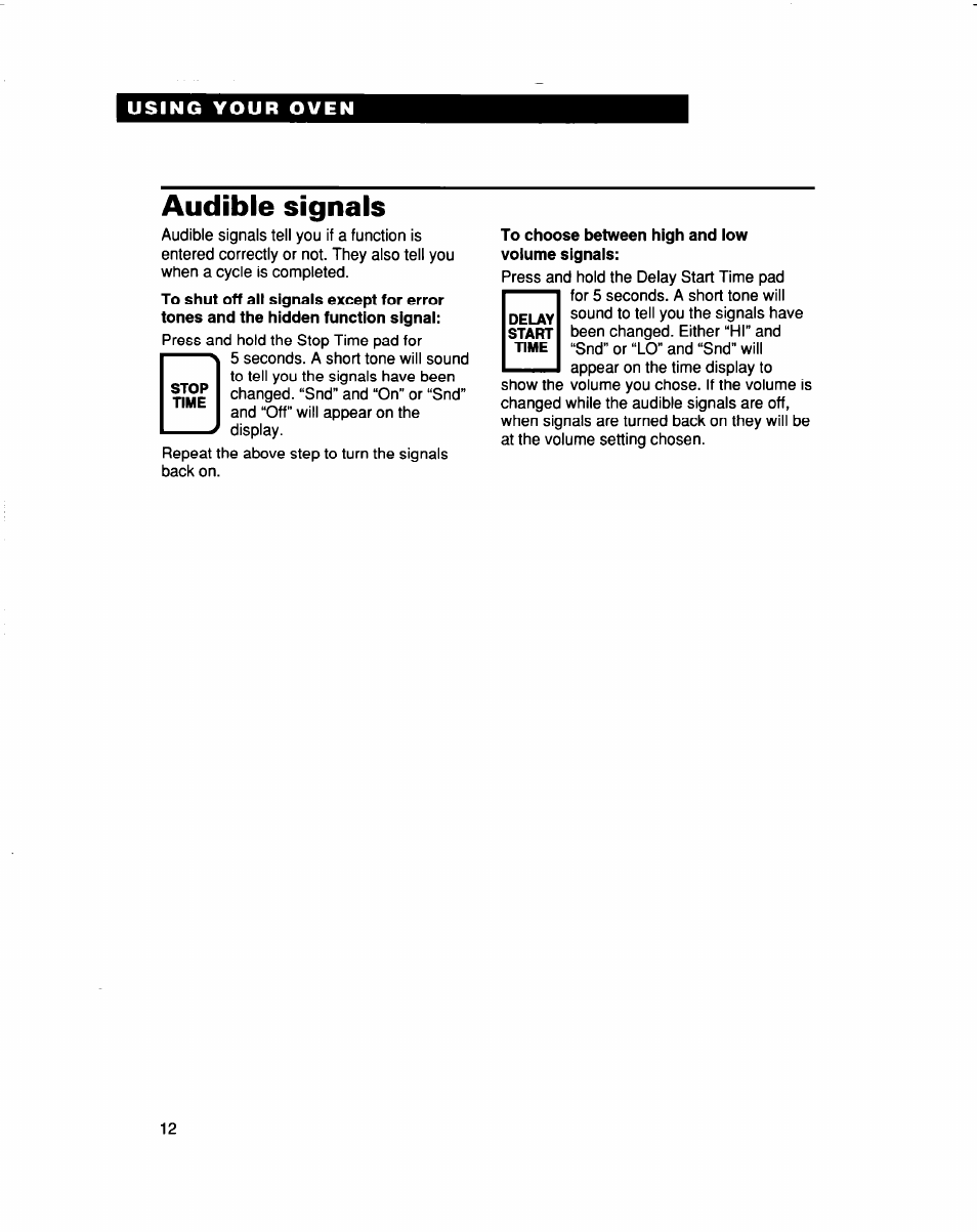 Audible signals, To choose between high and low volume signals | Whirlpool RBS307PD User Manual | Page 12 / 48
