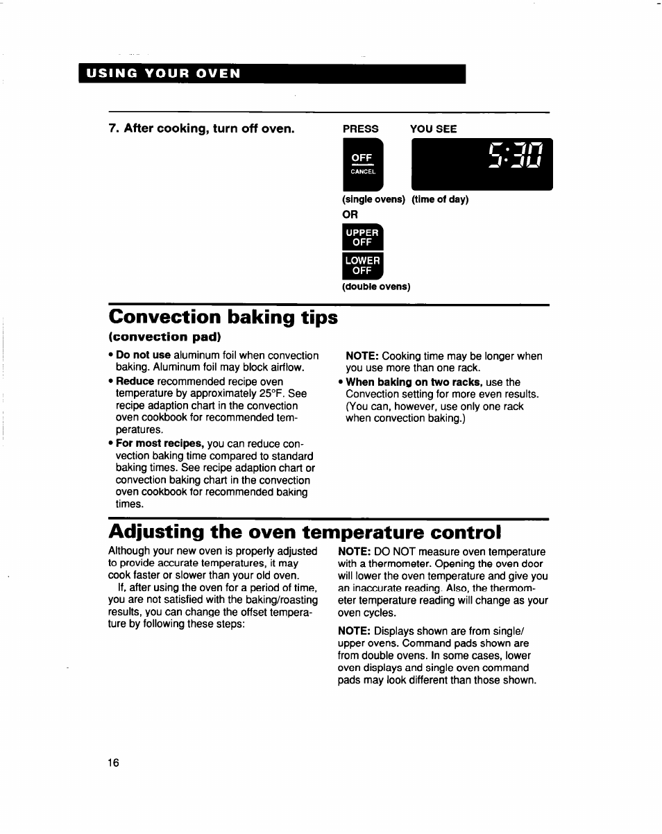 After cooking, turn off oven, Convection baking tips, Convection pad) | Adjusting the oven temperature control, J - j u | Whirlpool RBS307PD User Manual | Page 16 / 48