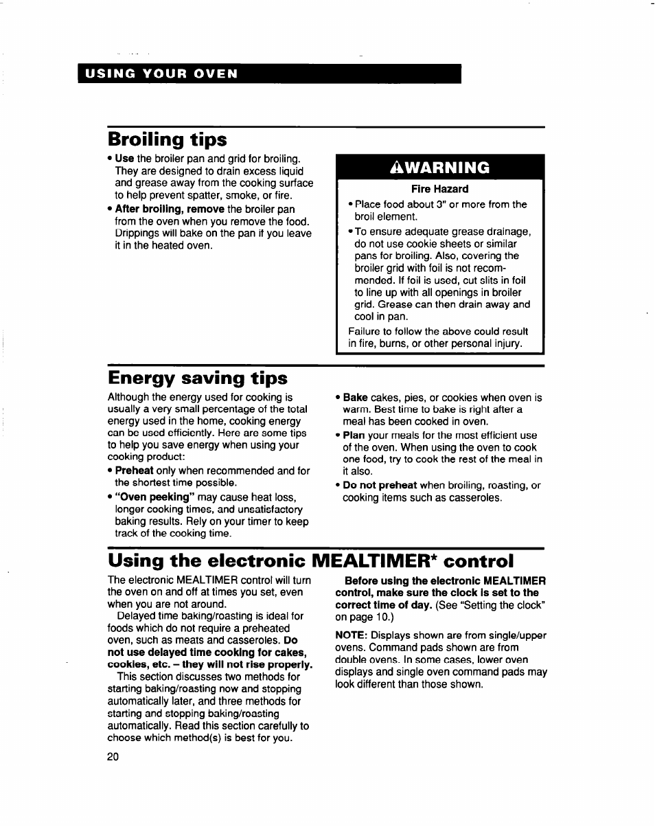 Broiling tips, Fire hazard, Energy saving tips | Using the electronic mealtimer* control, Ikwarning | Whirlpool RBS307PD User Manual | Page 20 / 48