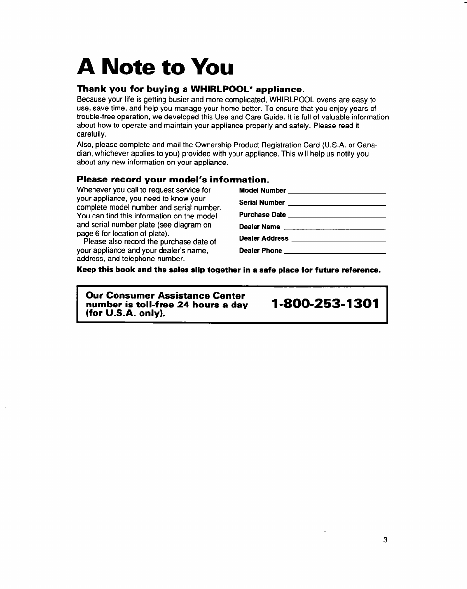 Thank you for buying a whirlpool* appliance, Please record your model's information | Whirlpool RBS307PD User Manual | Page 3 / 48