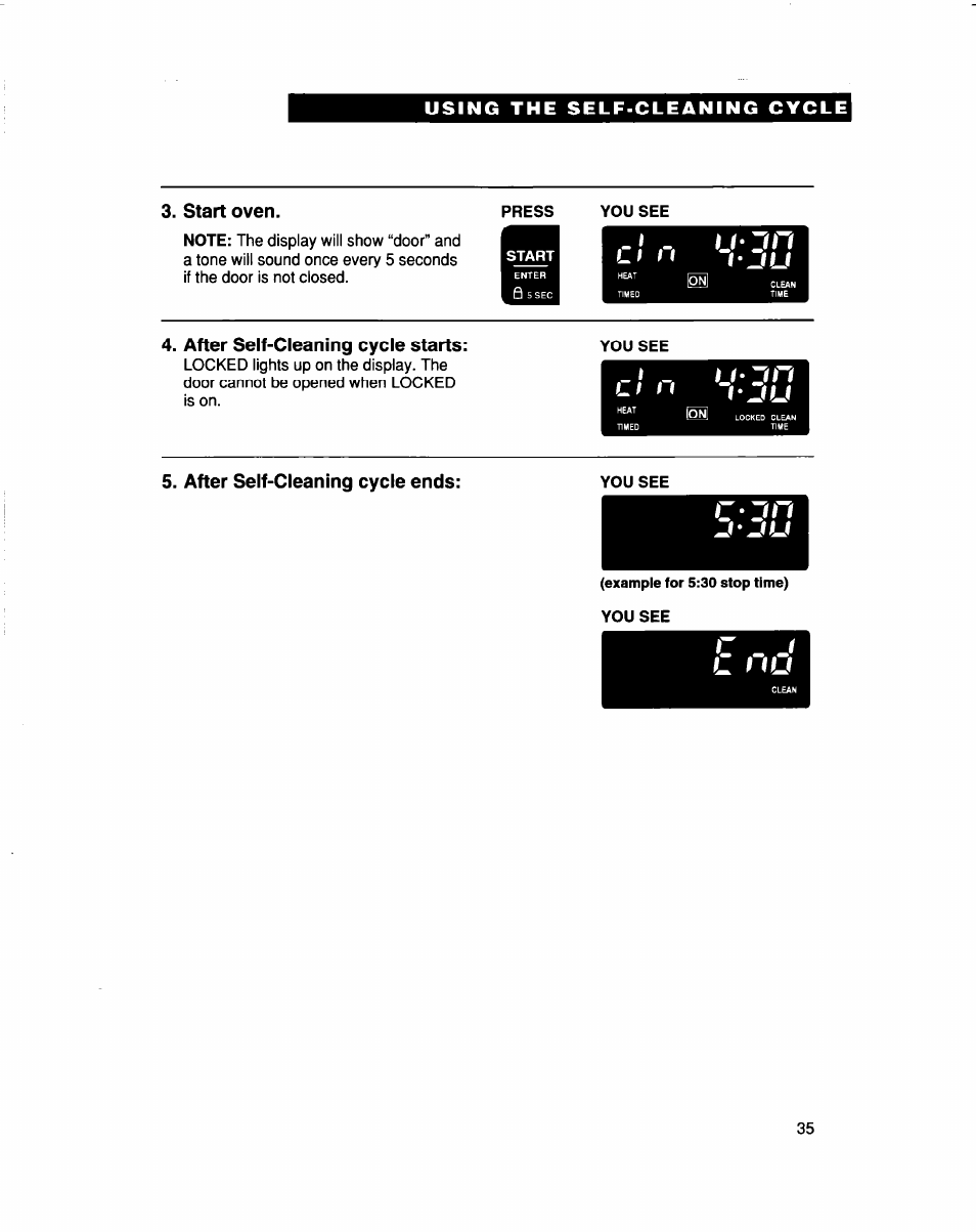 Start oven, L-iu, After self-cleaning cycle starts | After self-cleaning cycle ends, L-ju, I j - j n | Whirlpool RBS307PD User Manual | Page 35 / 48