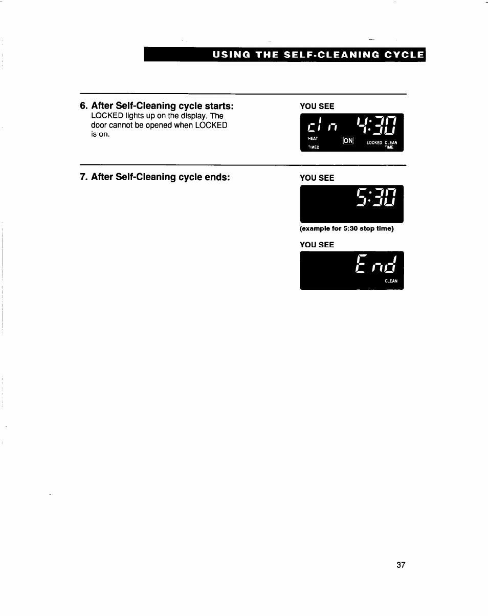 After self-cleaning cycle starts, After self-cleaning cycle ends | Whirlpool RBS307PD User Manual | Page 37 / 48