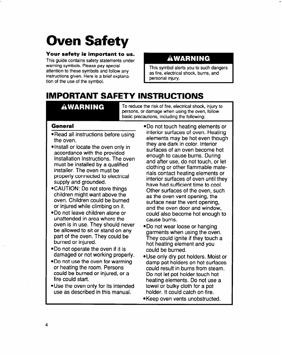 Oven safety, Important safety instructions, General | Awarning | Whirlpool RBS307PD User Manual | Page 4 / 48