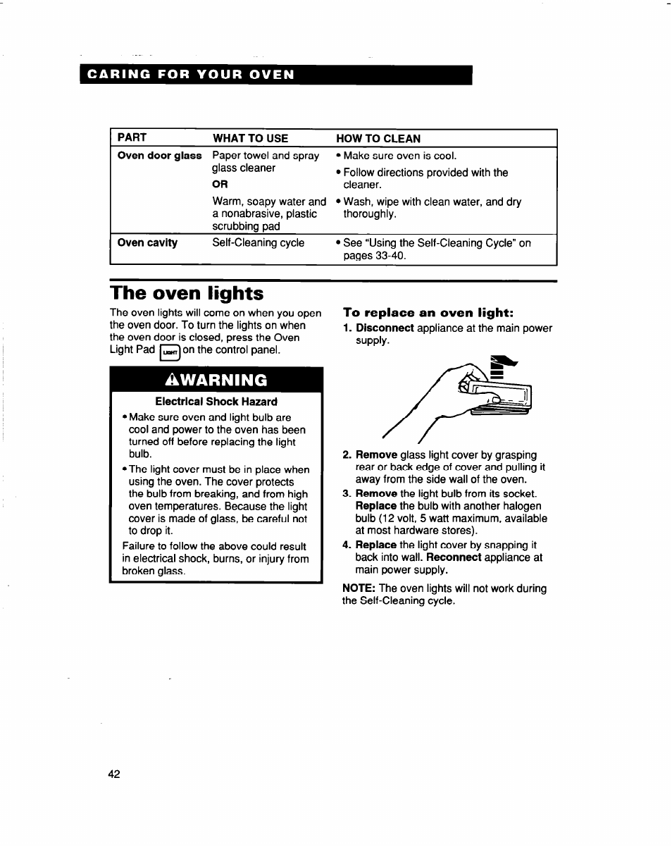 Caring for your oven, The oven lights, Electrical shock hazard | To replace an oven light, Warning | Whirlpool RBS307PD User Manual | Page 42 / 48