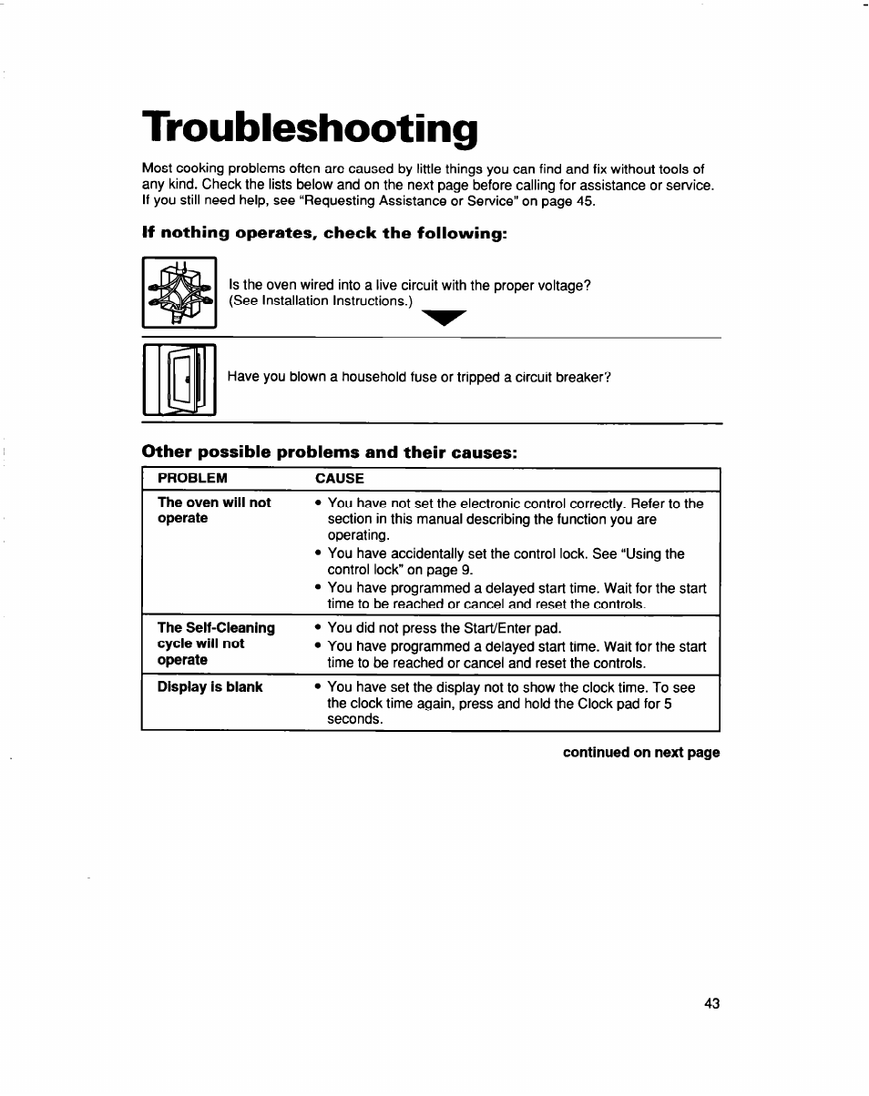 Troubleshooting, If nothing operates, check the following, Other possible problems and their causes | Whirlpool RBS307PD User Manual | Page 43 / 48