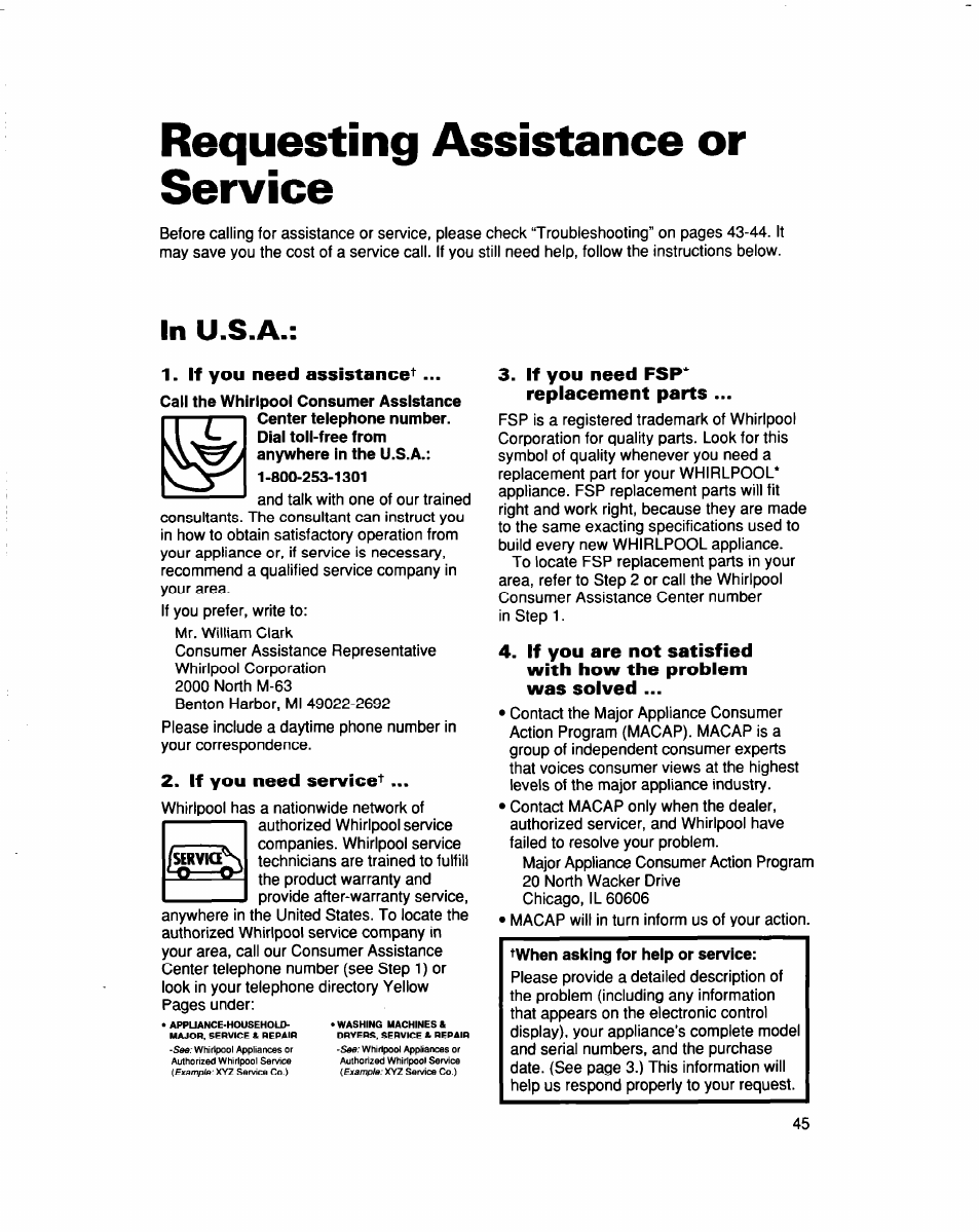 Requesting assistance or service, In u.s.a, If you need assistance | If you need service, If you need fsp* replacement parts | Whirlpool RBS307PD User Manual | Page 45 / 48