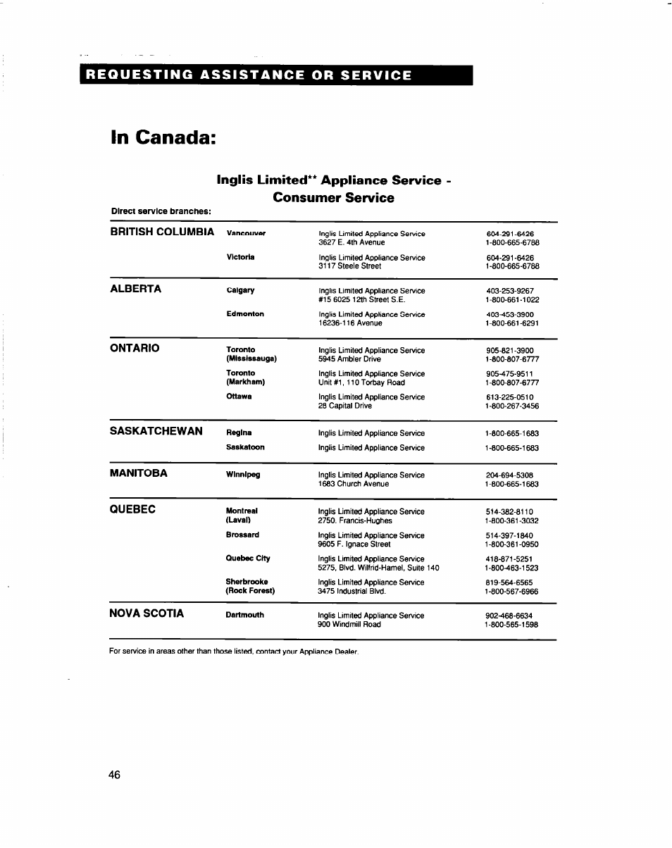 Requesting assistance or service, In canada, British columbia | Alberta, Ontario, Saskatchewan, Manitoba, Quebec, Nova scotia | Whirlpool RBS307PD User Manual | Page 46 / 48