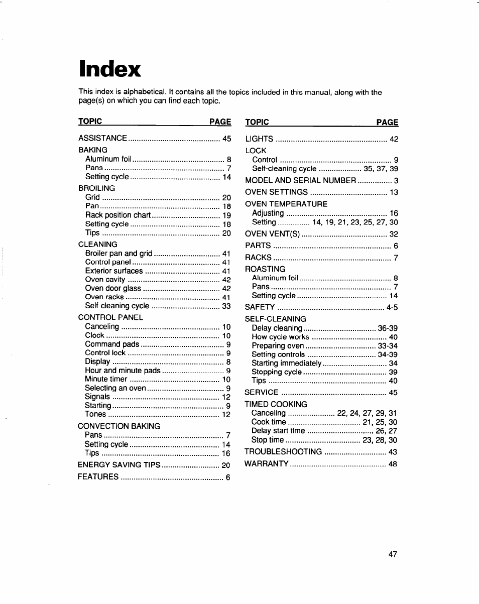 Index | Whirlpool RBS307PD User Manual | Page 47 / 48