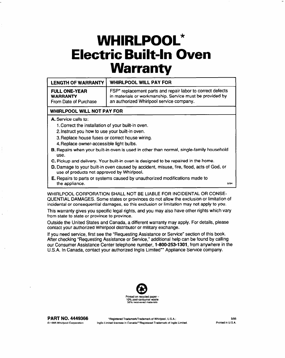 Whirlpool* electric built-in oven warranty | Whirlpool RBS307PD User Manual | Page 48 / 48