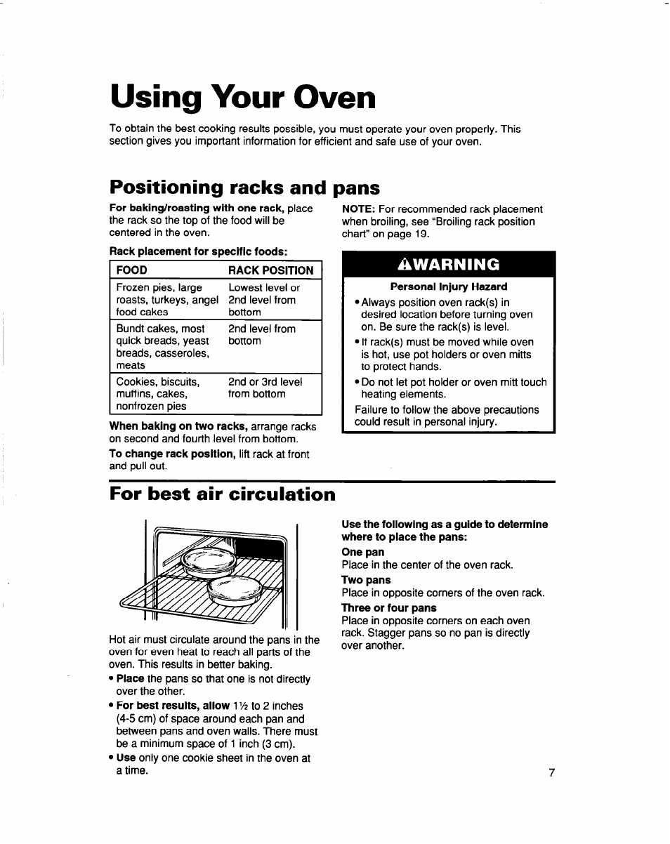 Using your oven, Positioning racks and pans, For best air circulation | Warning | Whirlpool RBS307PD User Manual | Page 7 / 48