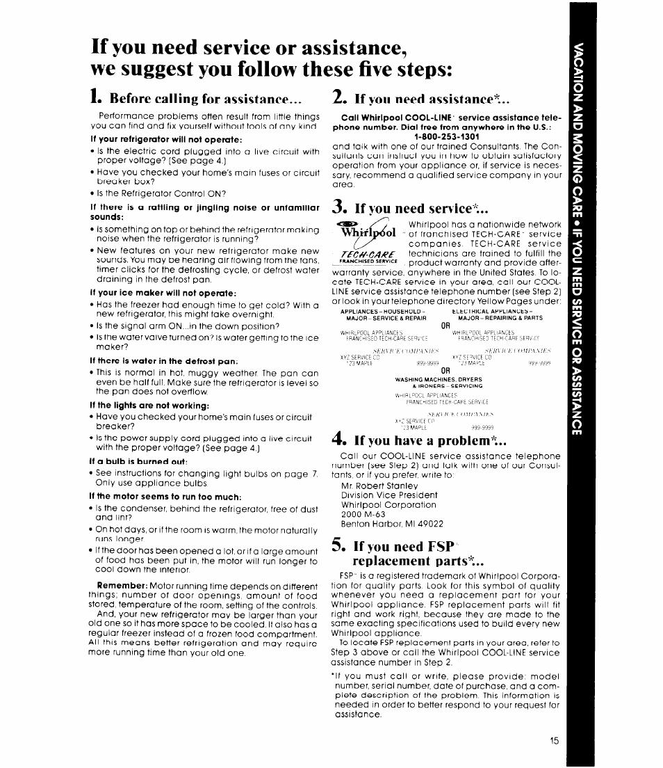 If you need service, 4, if you have a problem, If you need fsp replacement parts | Before calling for assistance, If you need assistance, If you have a problem | Whirlpool ET20EK User Manual | Page 15 / 16