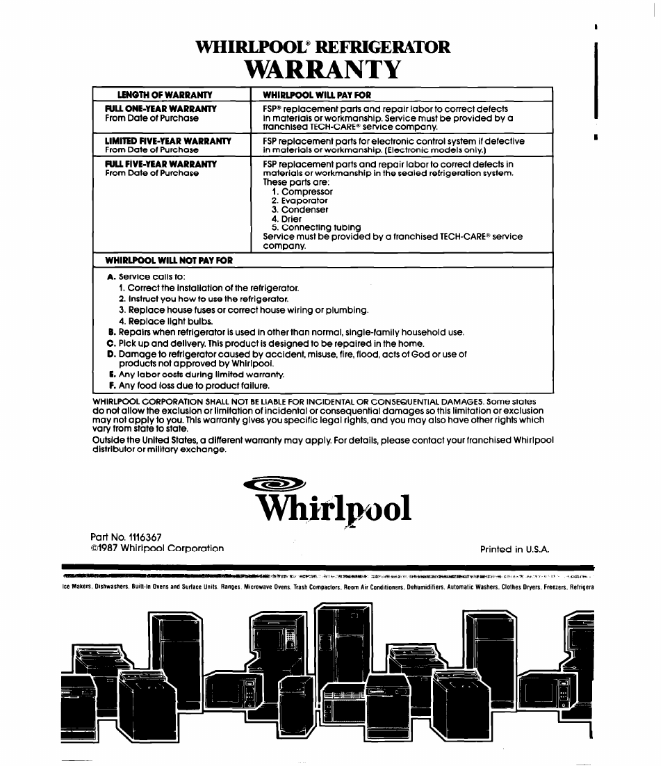 Whirlpool’ refrigerator, Warranty | Whirlpool ET20EK User Manual | Page 16 / 16