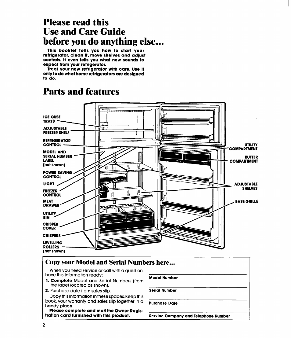 Please read this, Use and care guide, Before you do anything else | Parts and features, Copy your model and serial numbers here | Whirlpool ET20EK User Manual | Page 2 / 16