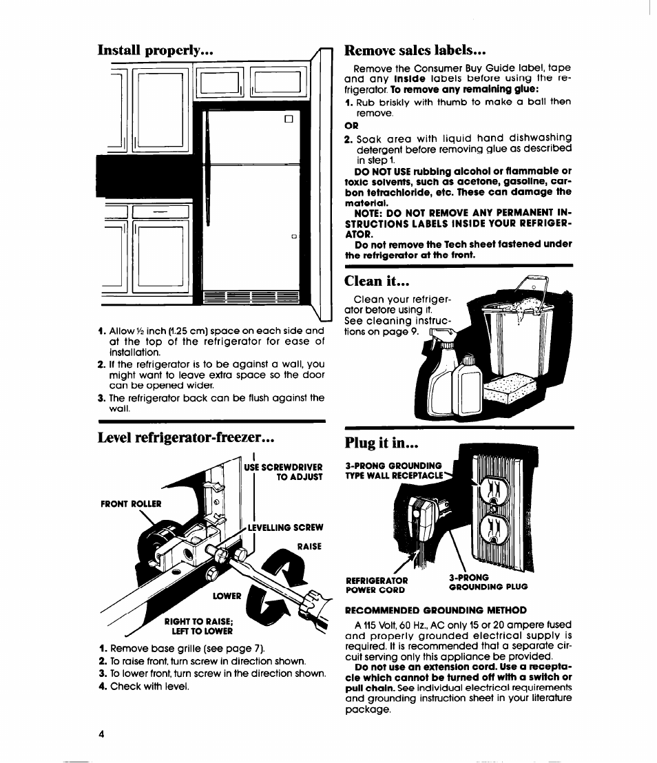 Recommended grounding method, Level refrigerator-freezer, Remove sales labels | Clean it, Plug it in | Whirlpool ET20EK User Manual | Page 4 / 16