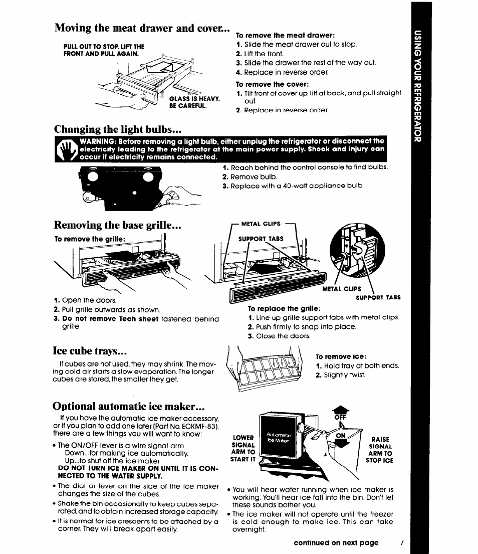 To remove the meat drawer, To remove the cover, To remove the grille | To replace the grille, Moving the meat dra^ver and eover, Changing the light hulbs, Removing the base grille, Ice cube trays, Optional automatic ice maker | Whirlpool ET20EK User Manual | Page 7 / 16