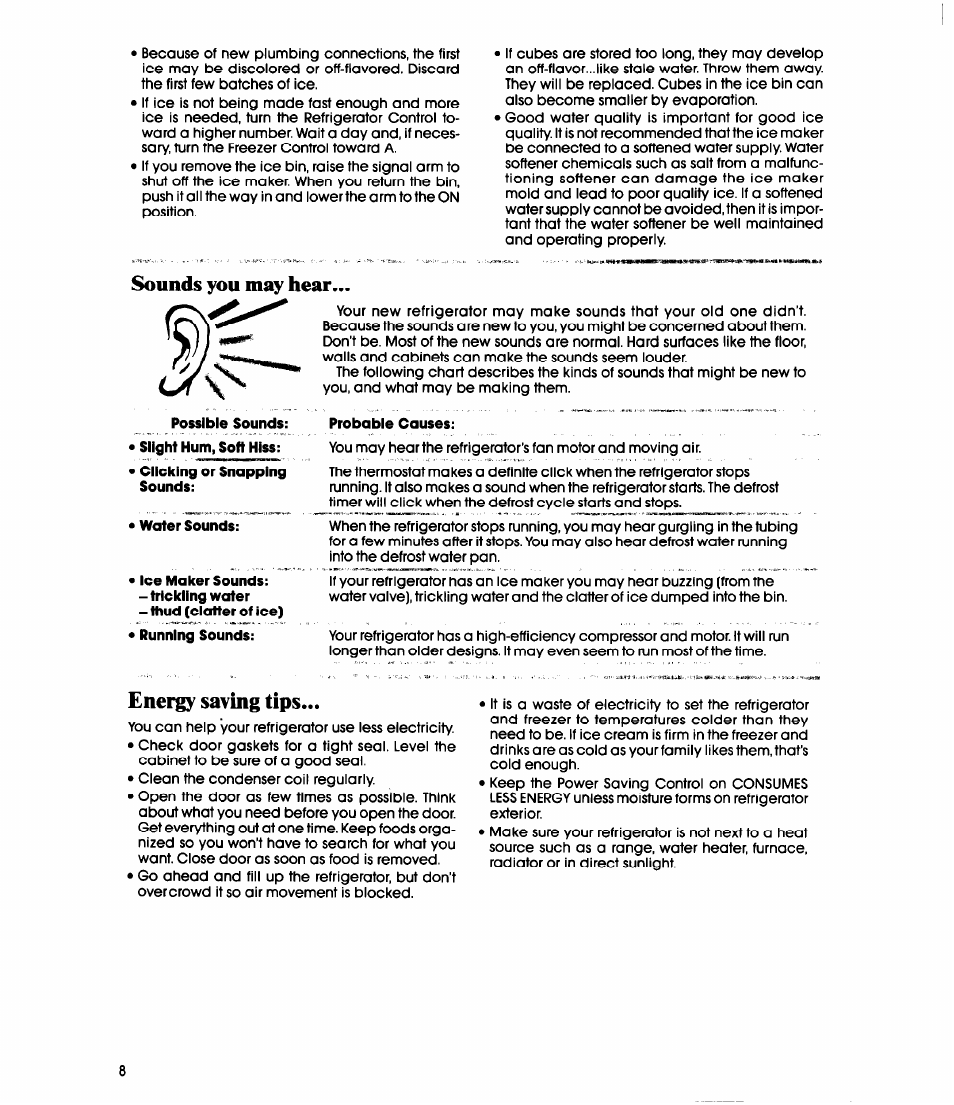 Probable causes, Sounds you may hear, Energy saving tips | Whirlpool ET20EK User Manual | Page 8 / 16