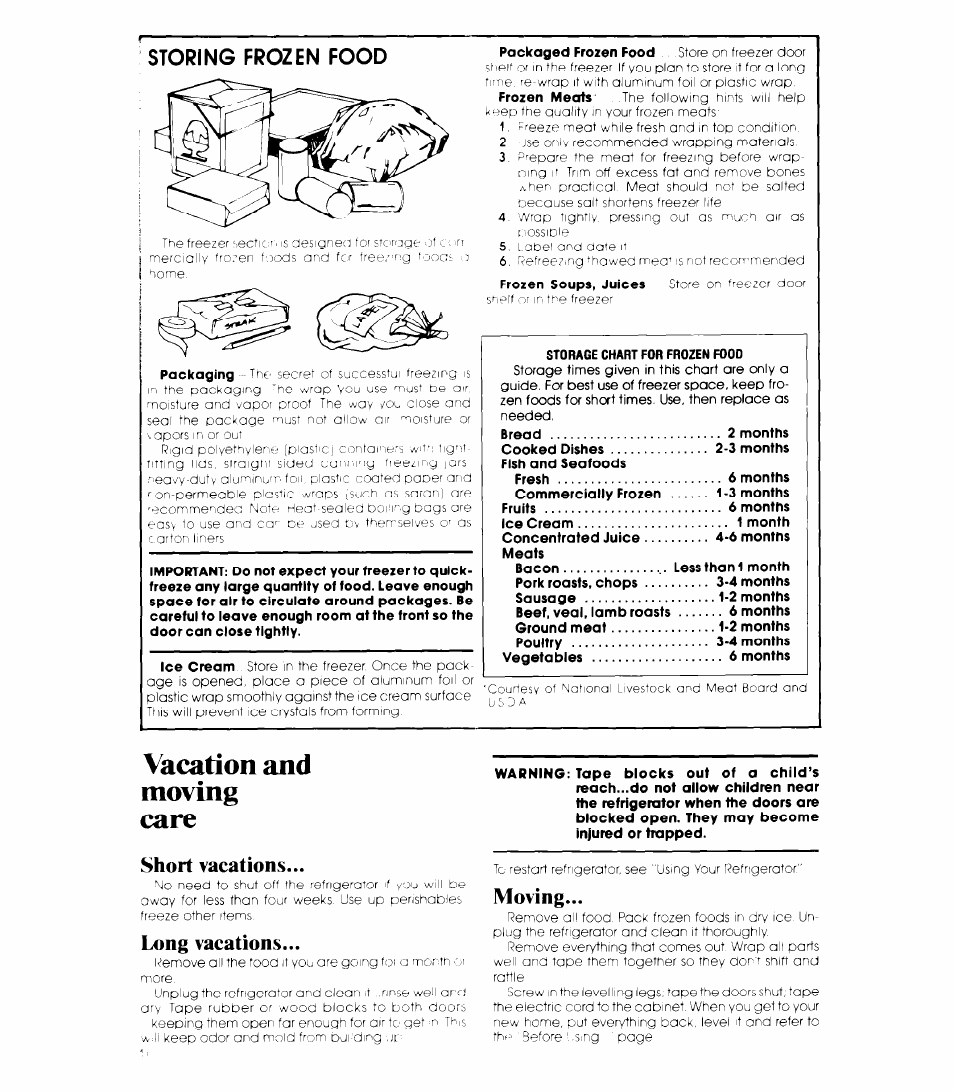 Short vacations, Long vacations, Moving | Vacation and moving care, Storing frozen food | Whirlpool ETl8SC User Manual | Page 10 / 12