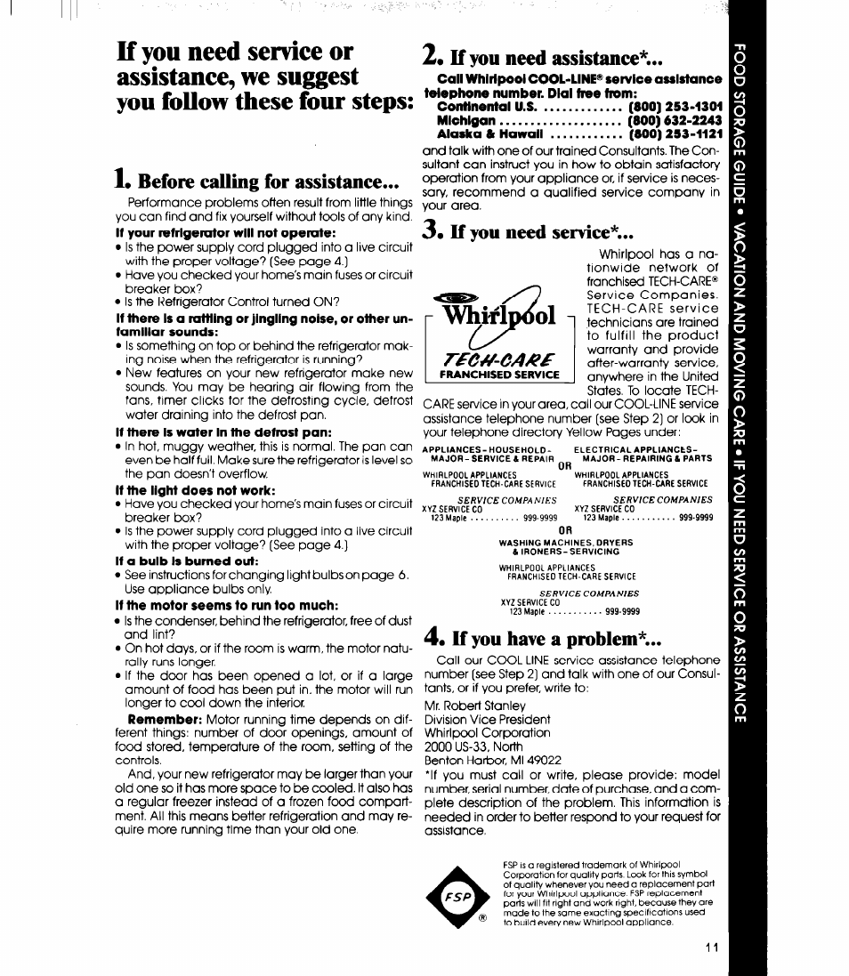 Before calling for assistance, 2« if you need assistance, If you need service | If you have a problem, 3, if you need service, Whiflodol | Whirlpool ETl8SC User Manual | Page 11 / 12