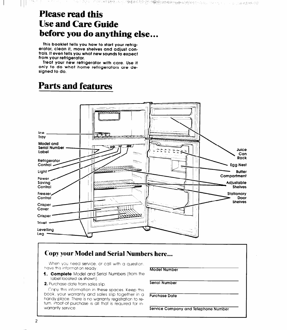 Please read this, Use and care guide, Before you do anything else | Parts and features, Copy your model and serial numbers here | Whirlpool ETl8SC User Manual | Page 2 / 12