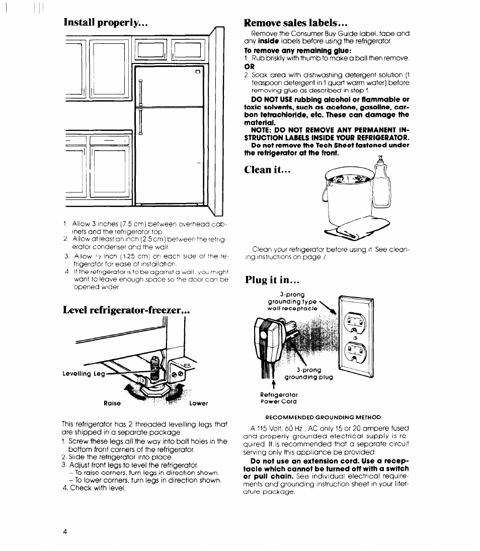 Level refrigerator-freezer, Remove sales labels, Plug it in | Level refrigerator-freezer... remove sales labels | Whirlpool ETl8SC User Manual | Page 4 / 12