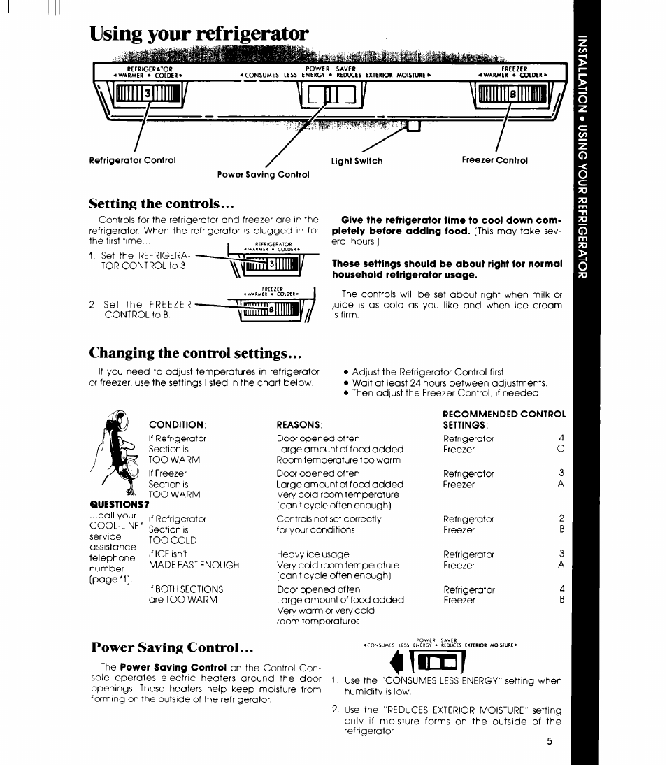 Using your refrigerator, Setting the controls, Changing the control settings | Power saving control | Whirlpool ETl8SC User Manual | Page 5 / 12