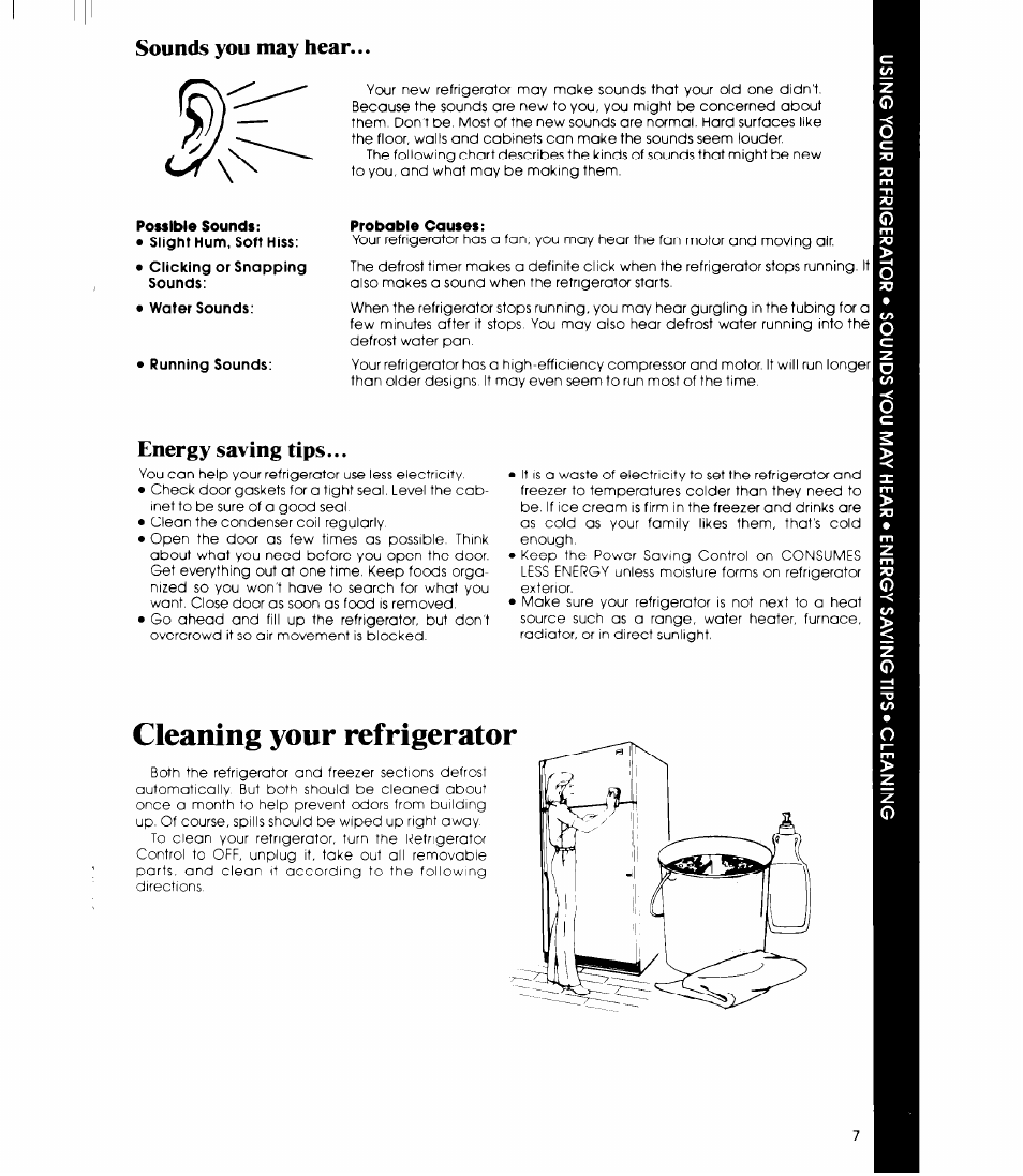 Sounds you may hear, Energy saving tips, Cleaning your refrigerator | Whirlpool ETl8SC User Manual | Page 7 / 12