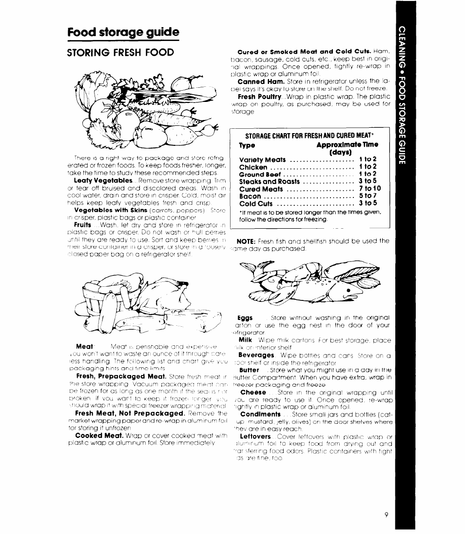 Food storage guide, Storing fresh food | Whirlpool ETl8SC User Manual | Page 9 / 12