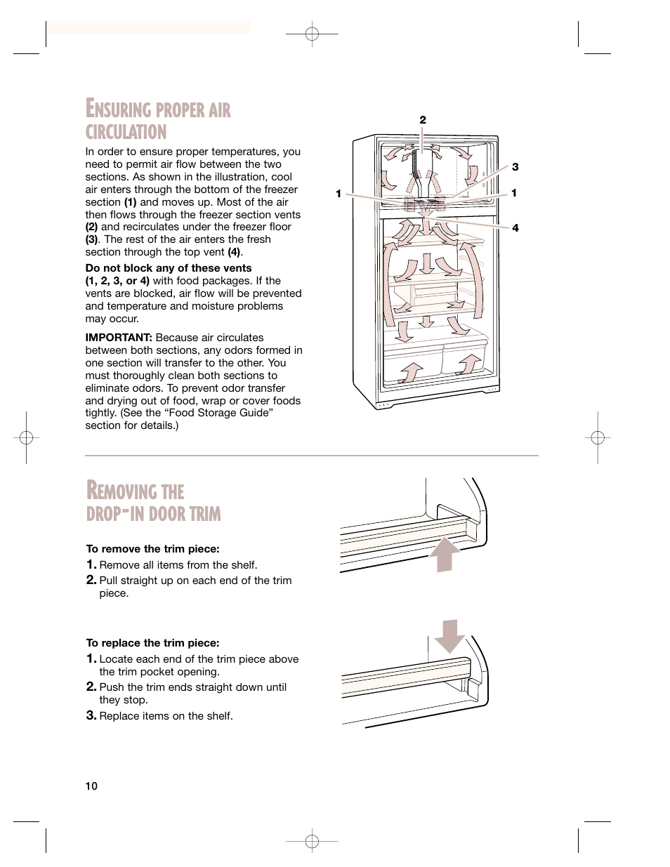 Ensuring proper air circulation, Removing the drop-in door trim, Nsuring proper air circulation | Emoving the drop | Whirlpool 2201959 User Manual | Page 10 / 24