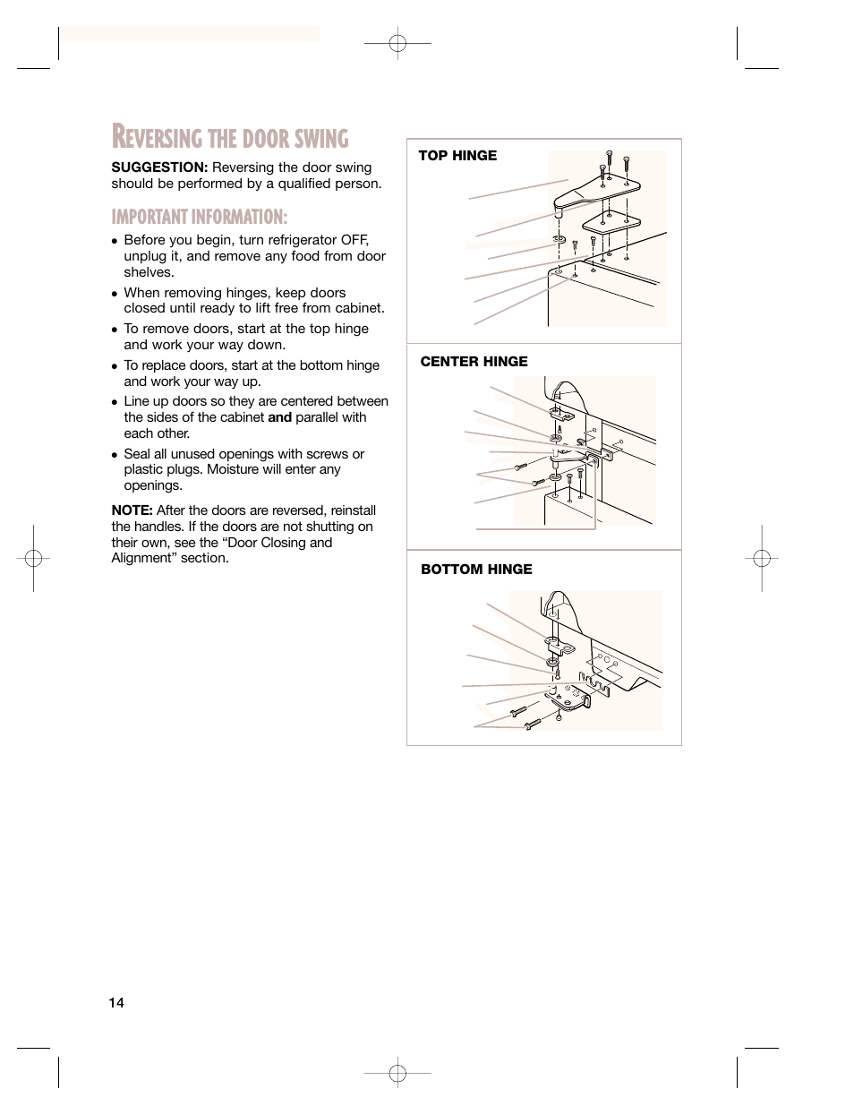 Reversing the door swing, Eversing the door swing, Important information | Whirlpool 2201959 User Manual | Page 14 / 24