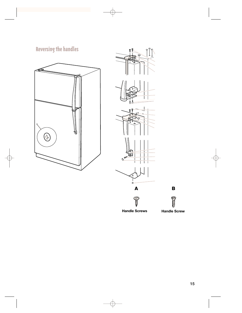 Reversing the handles, Reversing the door swing (cont.) | Whirlpool 2201959 User Manual | Page 15 / 24
