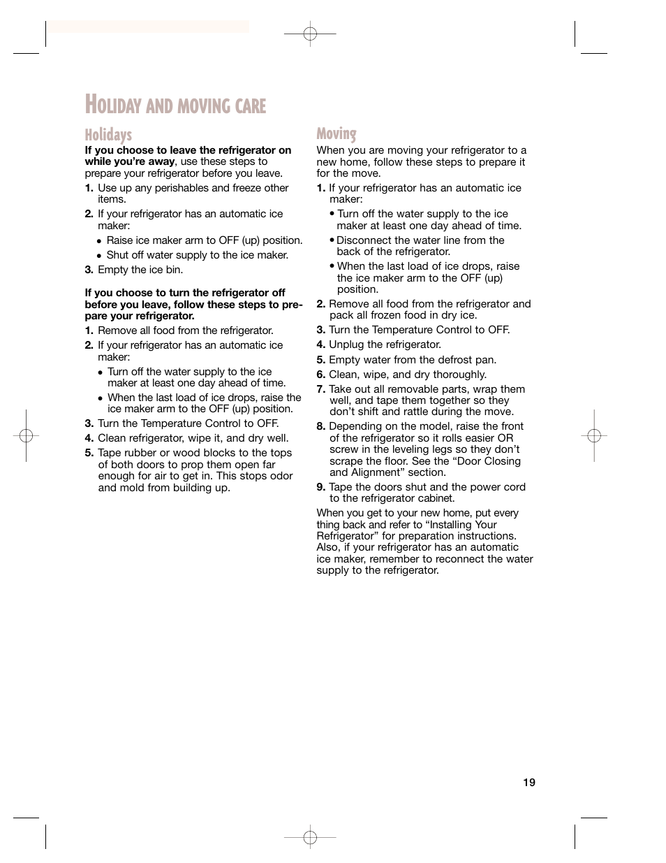 Oliday and moving care, Holidays, Moving | Whirlpool 2201959 User Manual | Page 19 / 24